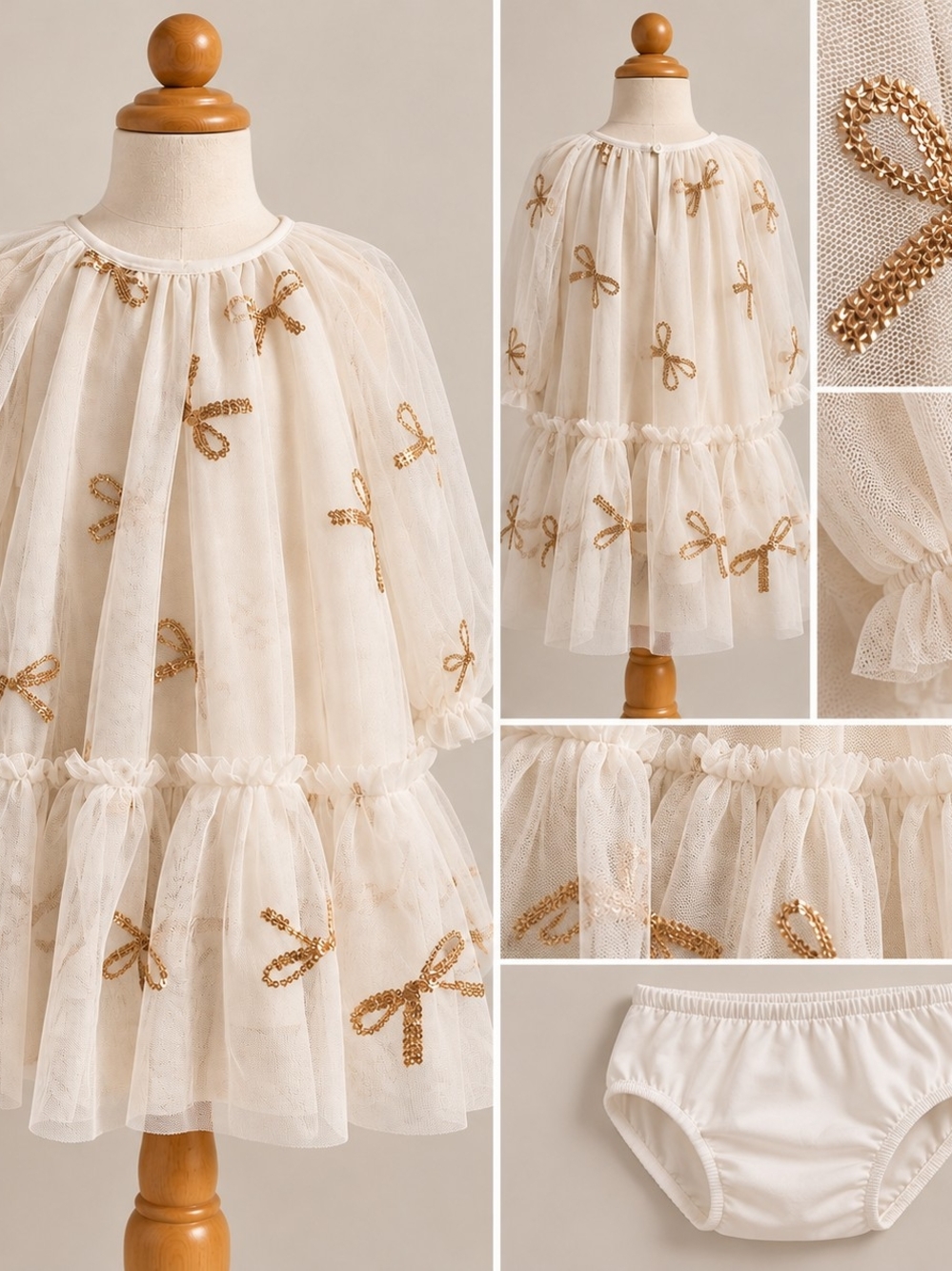 Girls 18M Cream Gold Sequin Bow Tulle Dress Bloomer Set NWT